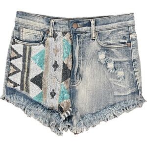 Sequin Patchwork Distressed Denim Shorts Aztec Blue Size Medium Fringed Bottom